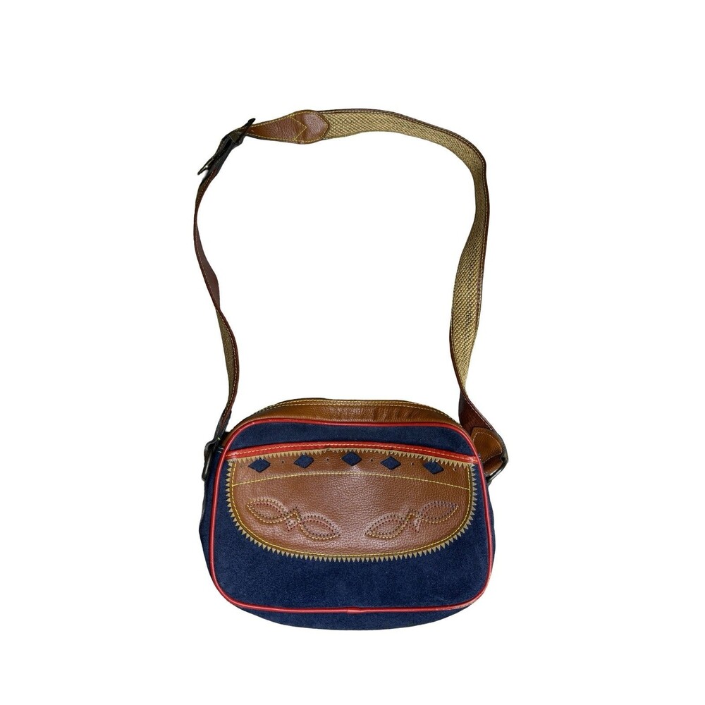 Vintage Raquel Wolf NY crossbody Purse Blue Suede, Red piping, leather strap